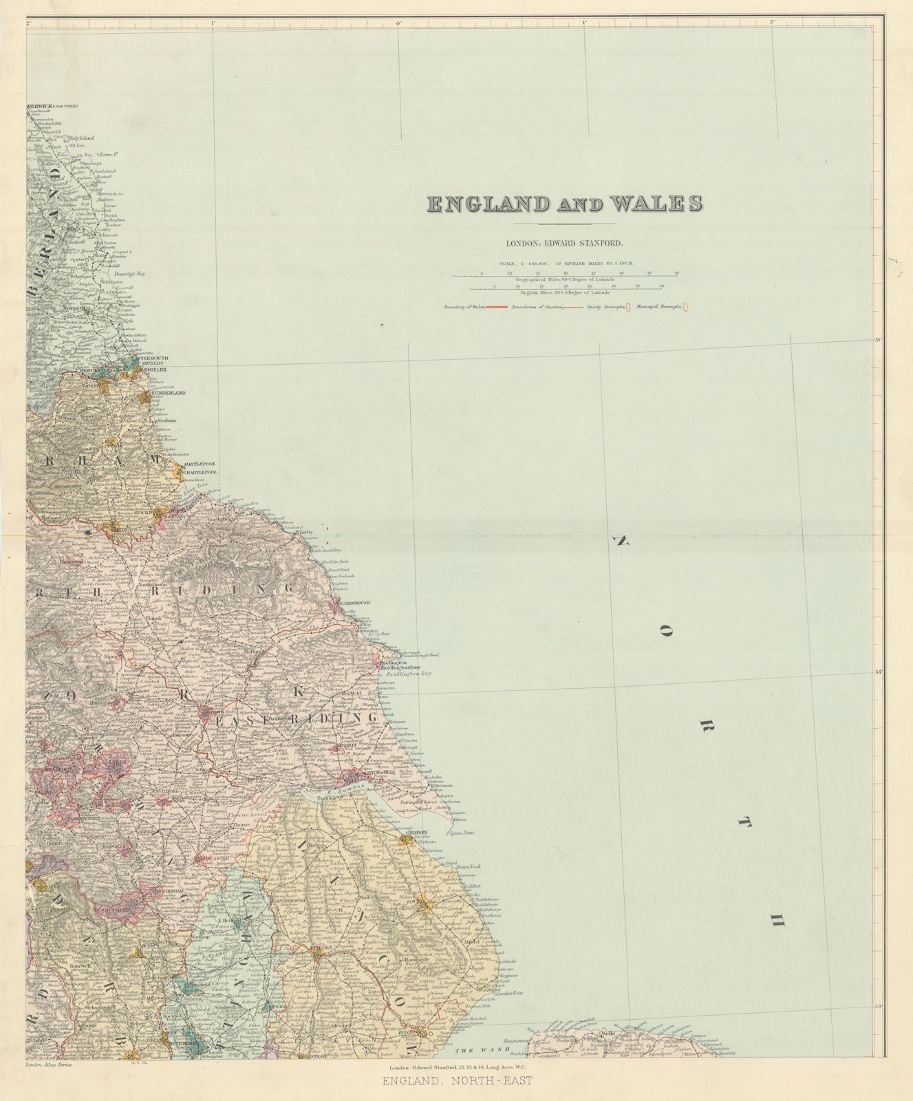 North east England. Tyneside Yorkshire Lincolnshire. 62x51cm STANFORD 1904 map